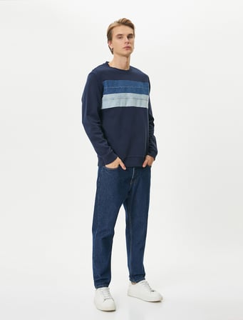 Bisiklet Yaka Sweatshirt Kumaş Bloklu Uzun Kollu Pamuklu