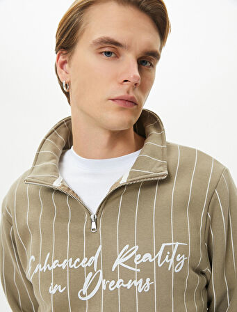 Yarım Fermuarlı Sweatshirt Slogan Baskılı Dik Yaka