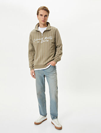 Yarım Fermuarlı Sweatshirt Slogan Baskılı Dik Yaka