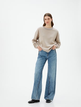 Bisiklet Yaka Sweatshirt Parlak Taşlı Ribanalı - El Emeği Koleksiyonu