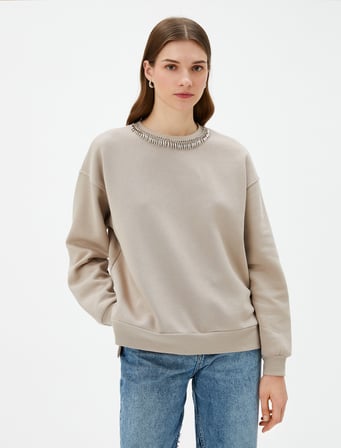 Bisiklet Yaka Sweatshirt Parlak Taşlı Ribanalı - El Emeği Koleksiyonu