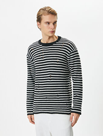 Yırtık Kazak Triko Bisiklet Yaka Uzun Kollu