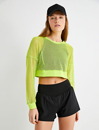 File Spor Crop Tişört Bol Kalıp Uzun Kollu Bisiklet Yaka