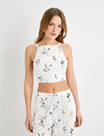 Crop Çiçekli Üst Halter Yaka Rahat Kalıp