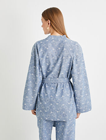Kimono Beli Kuşaklı Çiçek İşlemeli Fistolu