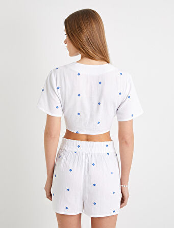 Crop Gömlek Kısa Kollu Önden Bağlamalı İşlemeli Pamuklu