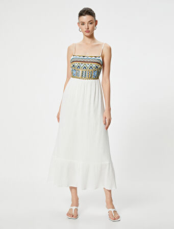 Askılı Elbise Dokulu Kare Yaka Pamuklu 