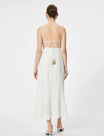 Askılı Elbise Dokulu Kare Yaka Pamuklu 