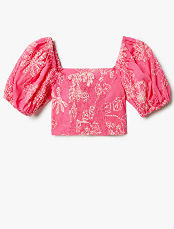 Crop Bluz İşlemeli Kare Yaka Pamuklu