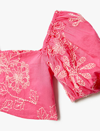 Crop Bluz İşlemeli Kare Yaka Pamuklu