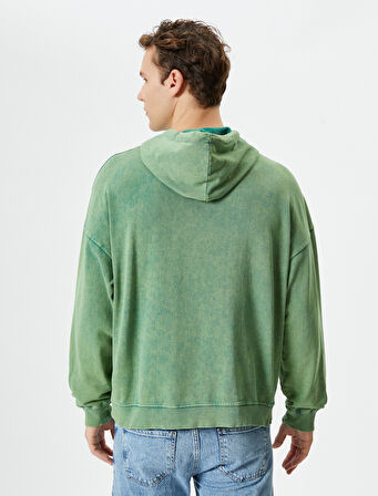 Yıkamalı Hoodie Slogan İşlemeli Kanguru Cepli Rahat Kesim Şardonlu