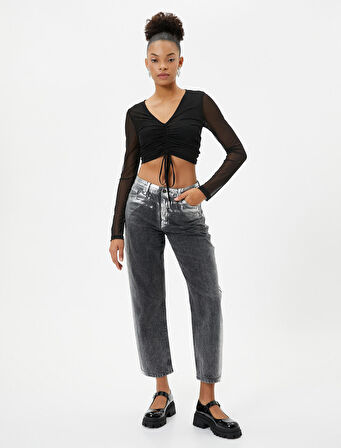 Tül Crop Tişört Drape Bağlama Detaylı V Yaka Uzun Kollu