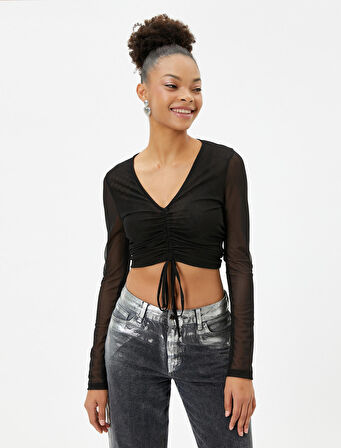 Tül Crop Tişört Drape Bağlama Detaylı V Yaka Uzun Kollu