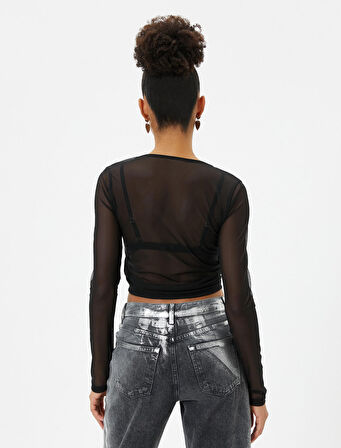 Tül Crop Tişört Drape Bağlama Detaylı V Yaka Uzun Kollu