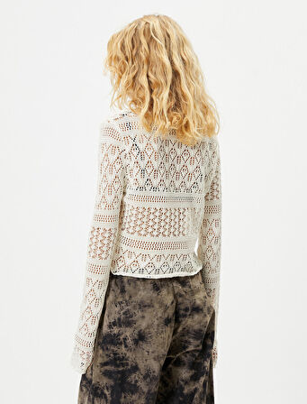 Triko Ajurlu Crop Tişört Uzun Kollu V Yaka 