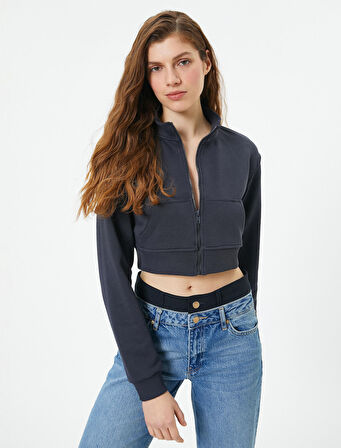 Crop Fermuarlı Sweatshirt Kanguru Cepli Dik Yaka