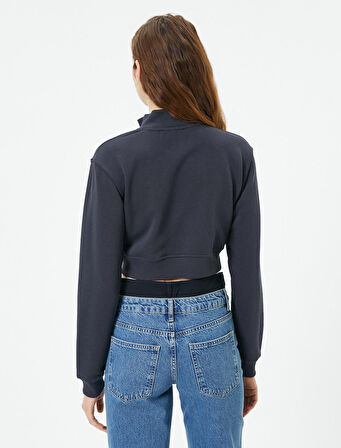Crop Fermuarlı Sweatshirt Kanguru Cepli Dik Yaka