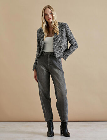 Şahika Ercümen X Koton - Yüksel Bel Kot Pantolon Rahat Kalıp Cepli Esnemeyen Pamuklu