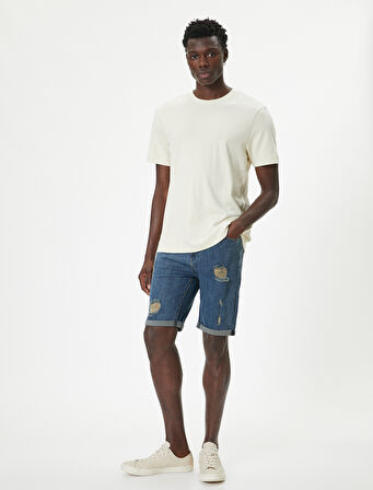 Slim Fit Kot Şort Yırtık Bermuda Cep Detaylı Katlı Paça Pamuklu
