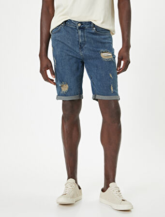 Slim Fit Kot Şort Yırtık Bermuda Cep Detaylı Katlı Paça Pamuklu