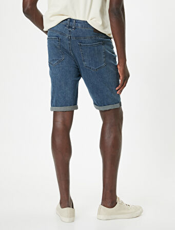 Slim Fit Kot Şort Yırtık Bermuda Cep Detaylı Katlı Paça Pamuklu