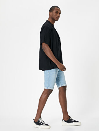 Yırtık Kot Şort Slim Fit Katlama Detaylı Düğmeli Cepli