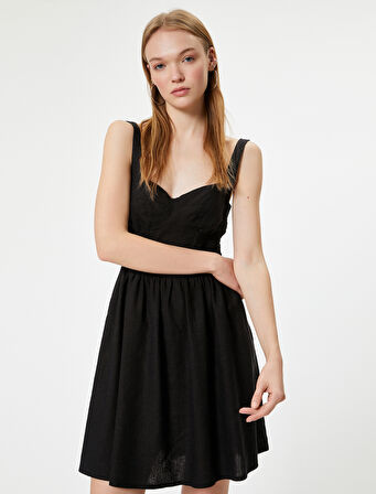 Mini Elbise Keten Karışımlı Gipeli Askılı Slim Fit