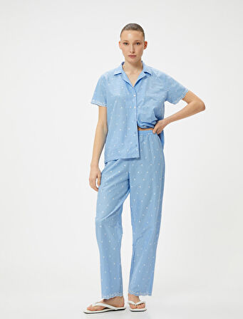 Düğmeli Pijama Üstü Nakışlı Gömlek Yaka Kısa Kollu