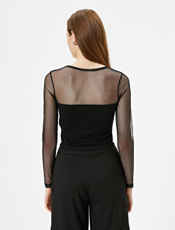 Crop Tişört Uzun Kollu Transparan Tül Detaylı