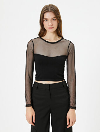 Crop Tişört Uzun Kollu Transparan Tül Detaylı