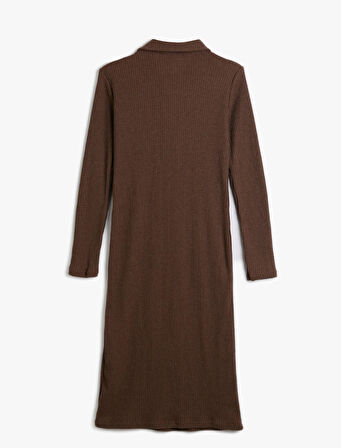 Polo Yaka Elbise Midi Düğmeli Fitilli