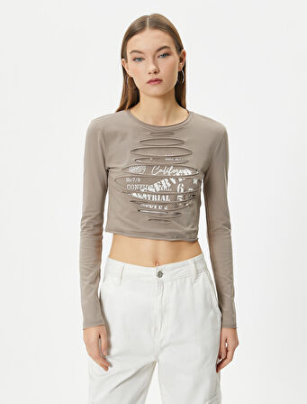 Crop Uzun Kollu Tişört Bisiklet Yaka Slim Fit Pamuklu