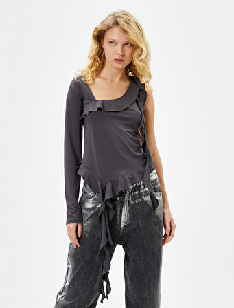 Fırfırlı Kolsuz Bluz Asimetrik Kesim Yuvarlak Yaka 