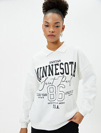 Polo Yaka Sweatshirt Oversize Kolej Temalı Baskılı Pamuk Karışımlı