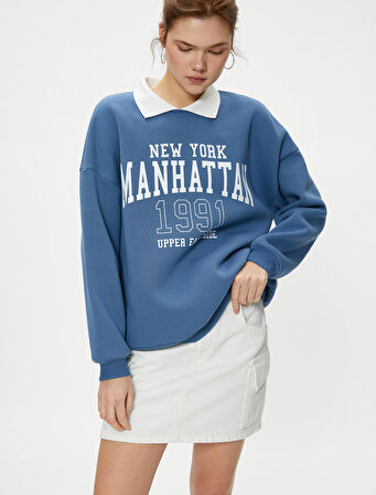 Oversize Polo Yaka Sweatshirt Kolej Temalı Baskılı Uzun Kollu