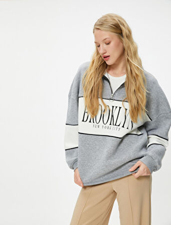 Kolej Oversize Yarım Fermuarlı Sweatshirt Dik Yaka Renk Kontrastlı 
