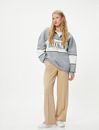 Kolej Oversize Yarım Fermuarlı Sweatshirt Dik Yaka Renk Kontrastlı 