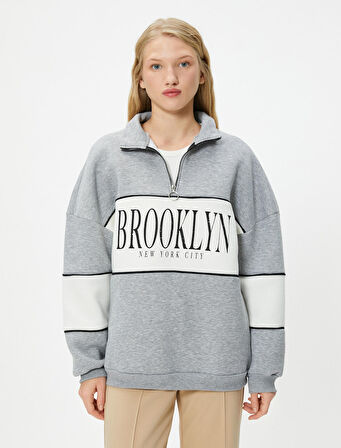 Kolej Oversize Yarım Fermuarlı Sweatshirt Dik Yaka Renk Kontrastlı 