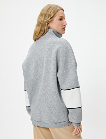 Kolej Oversize Yarım Fermuarlı Sweatshirt Dik Yaka Renk Kontrastlı 