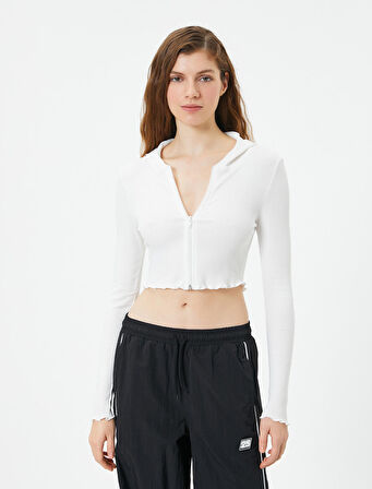 Crop Kapüşonlu Hırka Fermuarlı Uzun Kollu Slim Fit Kaşkorse