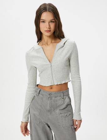 Crop Kapüşonlu Hırka Fermuarlı Uzun Kollu Slim Fit Kaşkorse