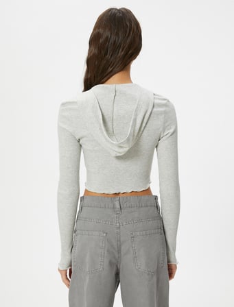 Crop Kapüşonlu Hırka Fermuarlı Uzun Kollu Slim Fit Kaşkorse