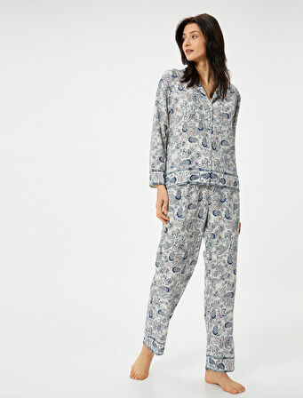 Düğmeli Pijama Üstü Uzun Kollu Desenli