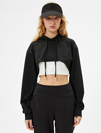 Crop Kapşonlu Sweatshirt Uzun Kolu Rahat Kalıp