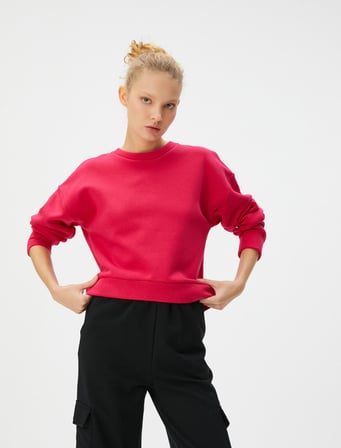 Basic Spor Şardonlu Sweatshirt Rahat Kalıp Pamuk Karışımlı Bisiklet Yaka