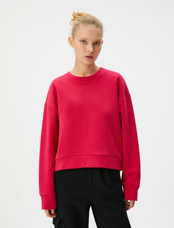 Basic Spor Şardonlu Sweatshirt Rahat Kalıp Pamuk Karışımlı Bisiklet Yaka