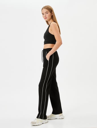 Tapered Fit Eşofman Altı Beli Bağlamalı Cepli Çizgili Rahat Kalıp Pamuklu