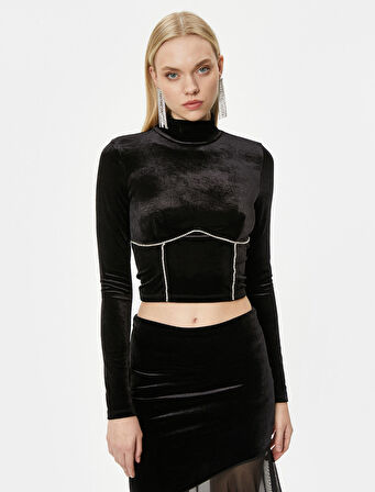 Crop Kadife Tişört Parlak Taşlı Uzun Kollu Dik Yaka - El Emeği Koleksiyonu