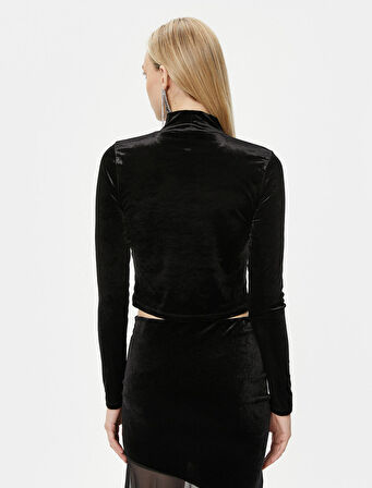 Crop Kadife Tişört Parlak Taşlı Uzun Kollu Dik Yaka - El Emeği Koleksiyonu