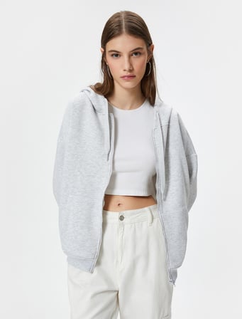 Basic Oversize Fermuarlı Sweatshirt Kapüşonlu Uzun Kanguru Cepli 